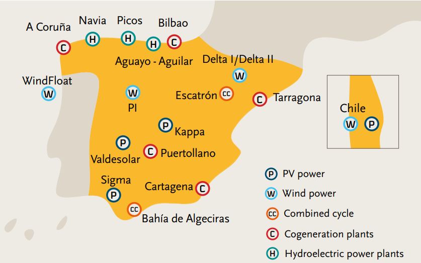 Map showing Repsol's renewable electricity generation assets in Spain 