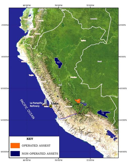 Map showing location of Repsol's operated and non-operated assets and the La Pampilla refinery 
