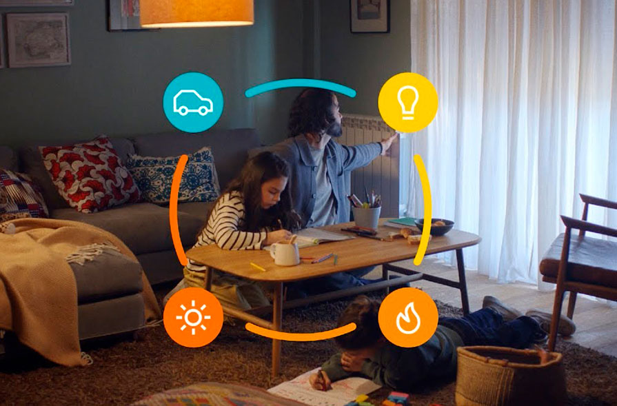 Father and daughter in a living room overlayed with symbols representing Repsol's different types of energy