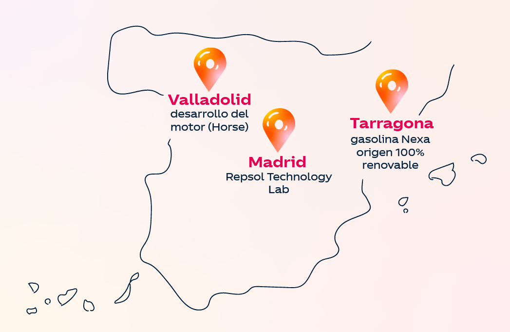 una infografía:• Madrid: Repsol Technology Lab • Valladolid: desarrollo del motor (Horse) • Tarragona: gasolina Nexa origen 100% renovable