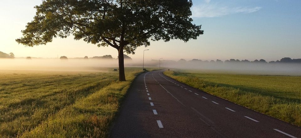 Special bitumens for recycling. Road with fog in the background