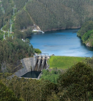 A hydropower plant surrounded by a forest