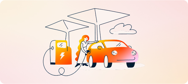 Microillustration of a woman recharging her electric car