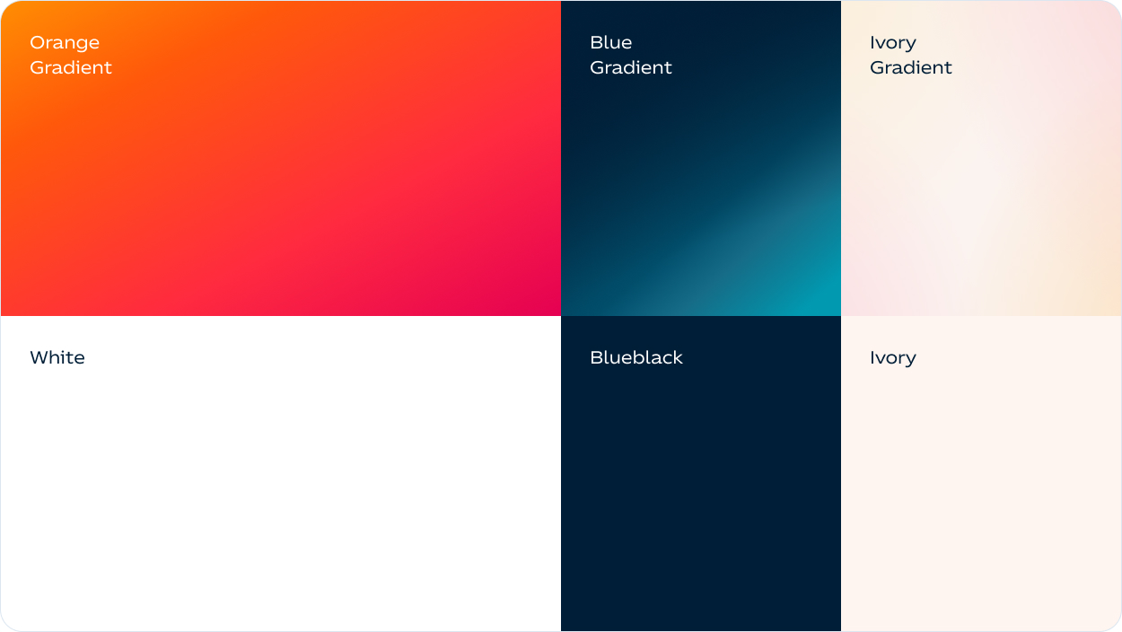 Color palette for Repsol's new branding: orange gradient, blue gradient, ivory gradient, white, blueback and ivory