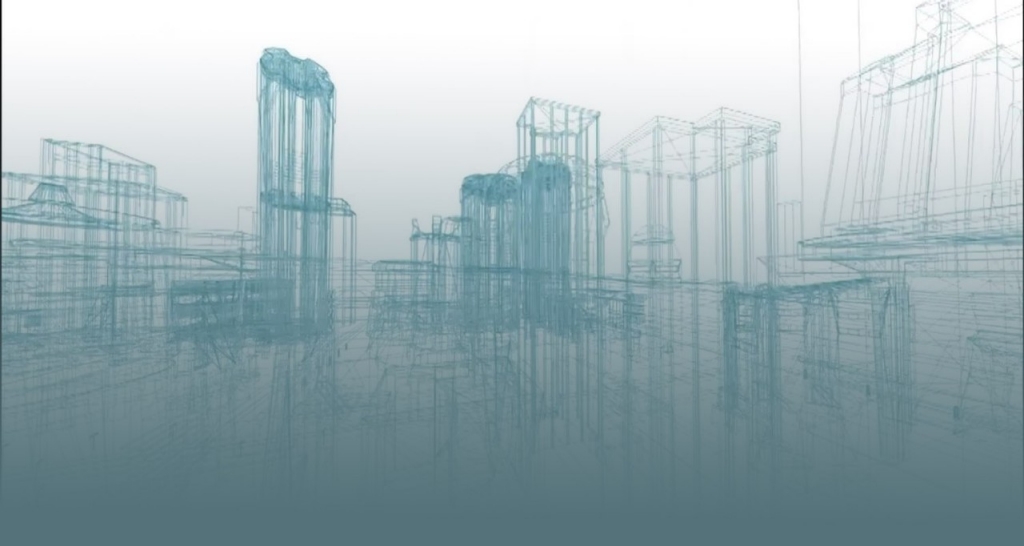 A city drawn with blue lines