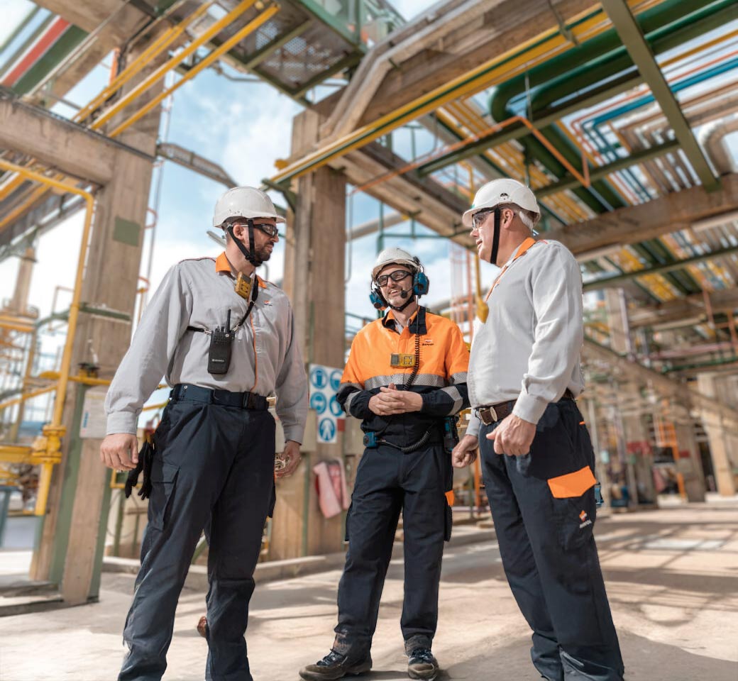 Refinery employees chat