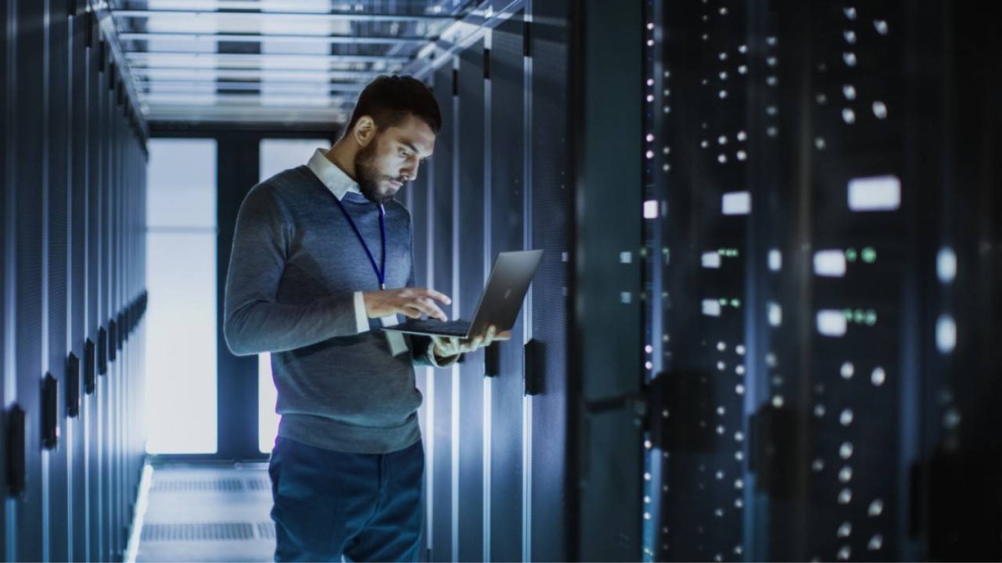 A technician checking a computer