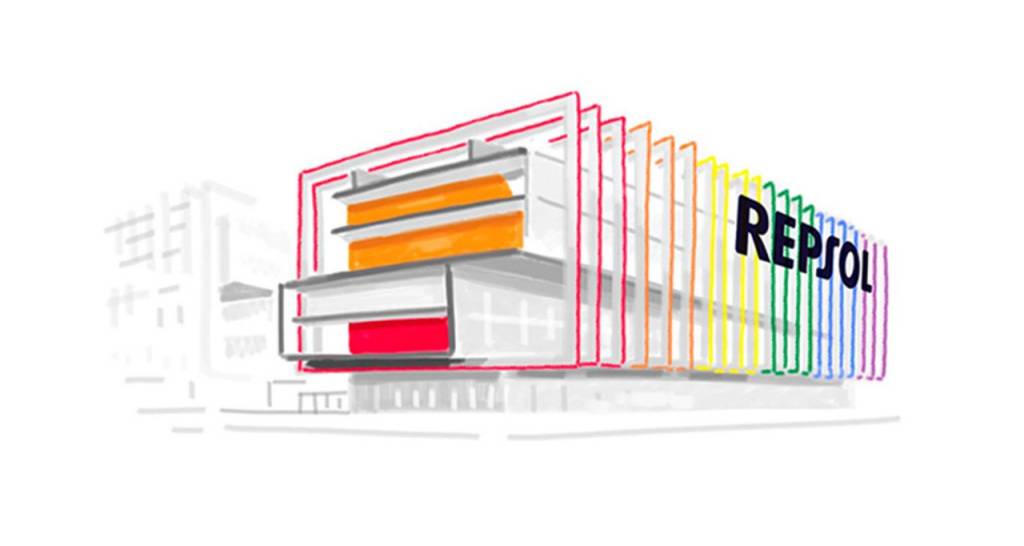 Drawing of the Repsol Campus with the gay pride colors