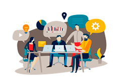 Illustration of several people in a workshop