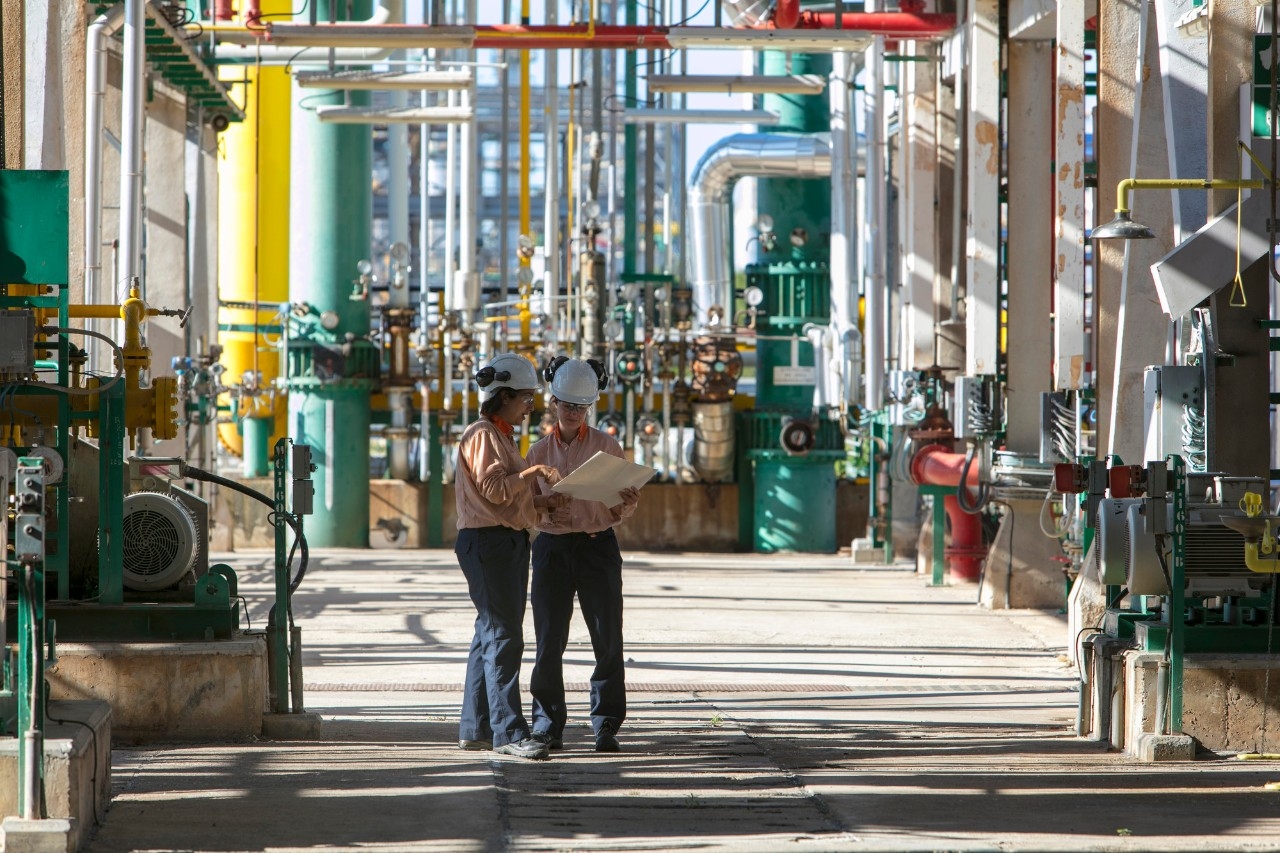 Una refinería con muchas chimeneas rojas y blancas