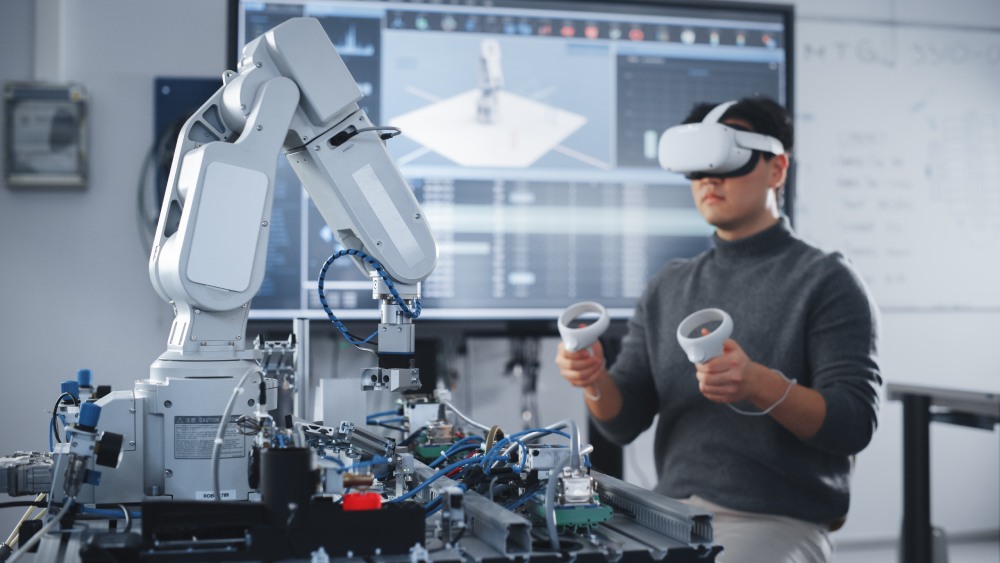 a man using a virtual reality headset and hands to perform a task in a lab