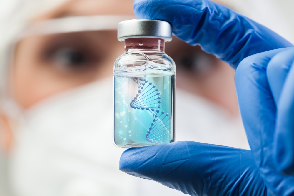 close up of a scientist observing a tube with a virtual DNA 