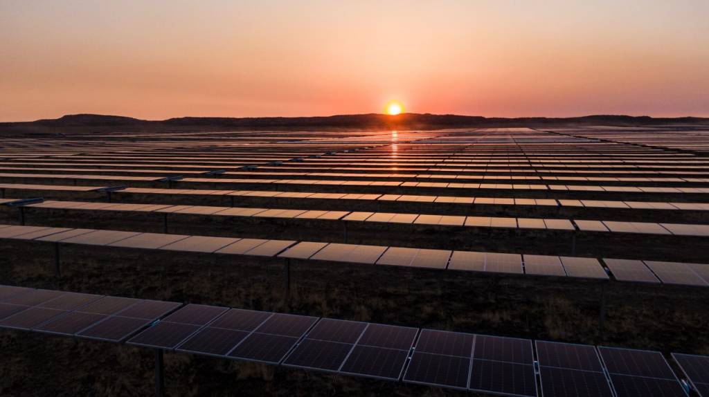 A solar power plant at dusk