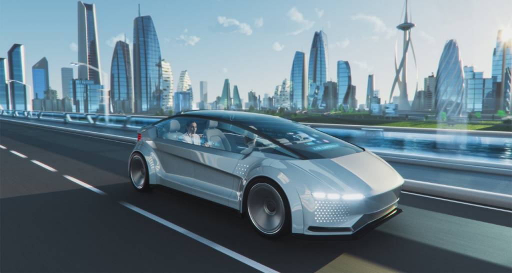 A futuristic car driving by a city