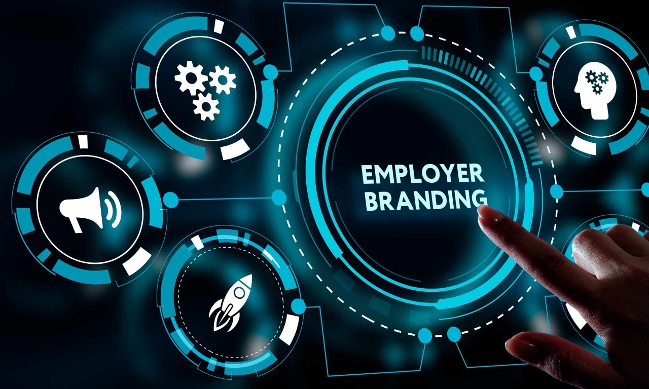 A person clicks on a digital button marked employer branding
