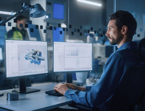 Man looking at two computer screens