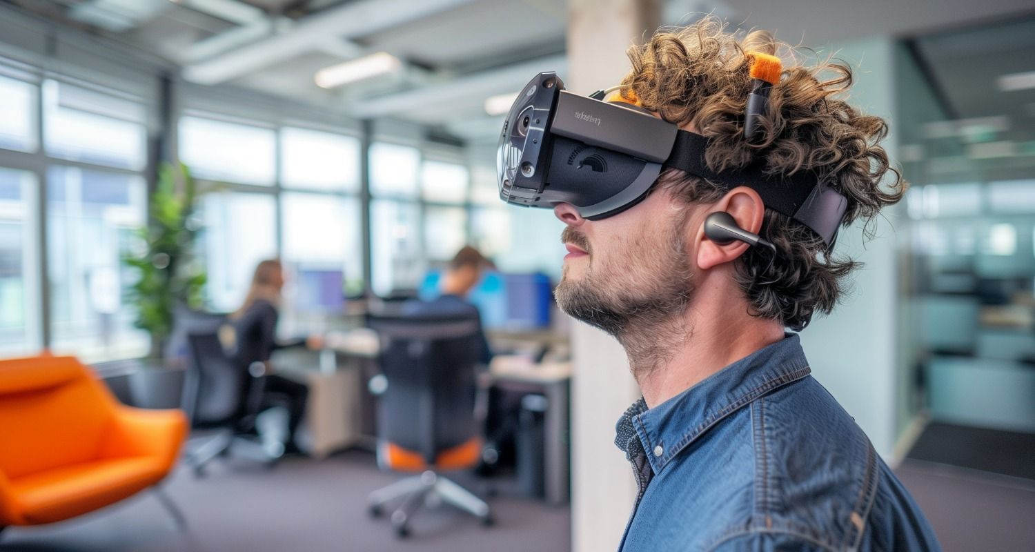 A man with virtual reality goggles and earphones