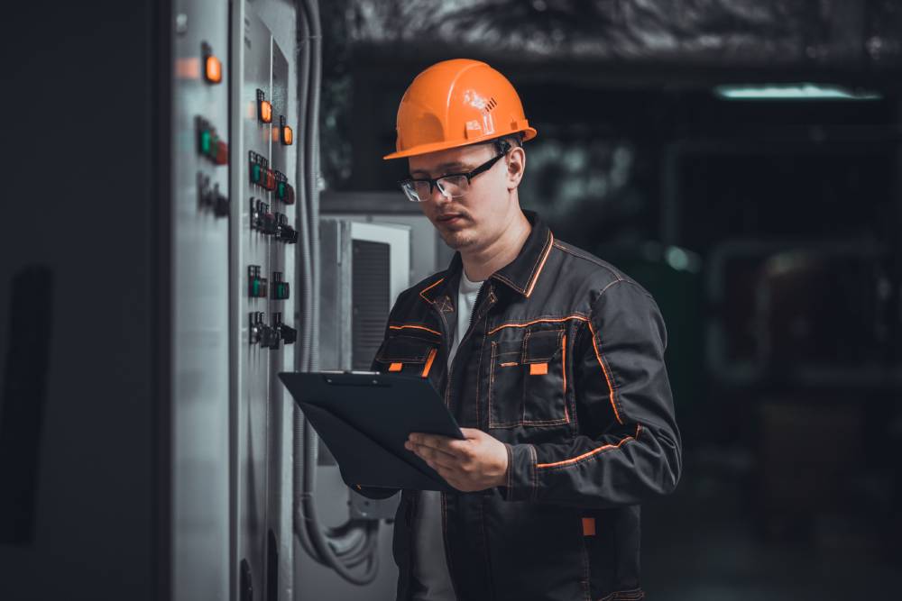 man reviewing the operation of a wind farm