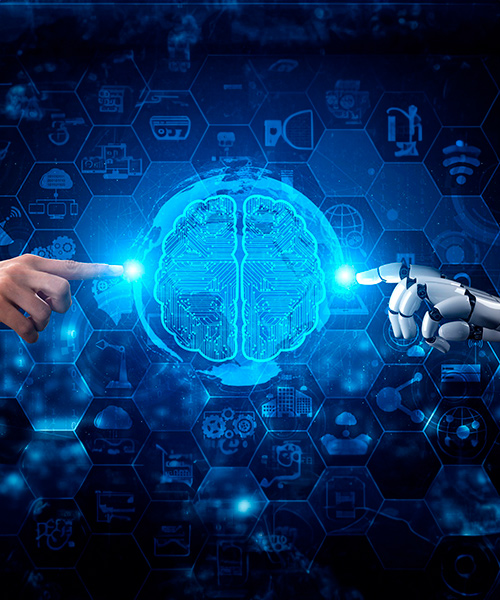 Image of robotic hand and human hand touching a brain