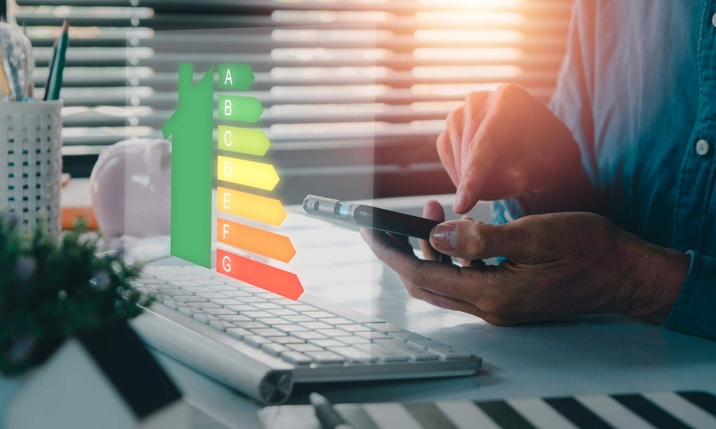 una persona calculando sus gastos junto a una tabla de eficiencia energética