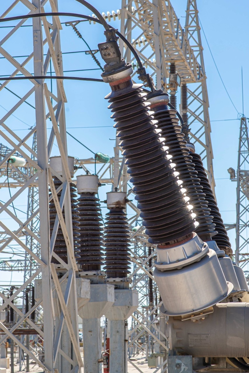 the high voltage power transformer substation. Close up Stock