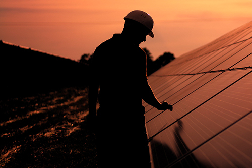 A technician checking solar panels