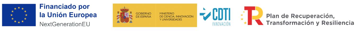 Logos de NextGenerationEU; Plan de Recuperación, Transformación y Resiliencia; Ministerio de Ciencia, Innovación y Universidades y del CDTI