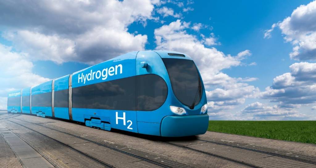 A hydrogen train on the tracks
