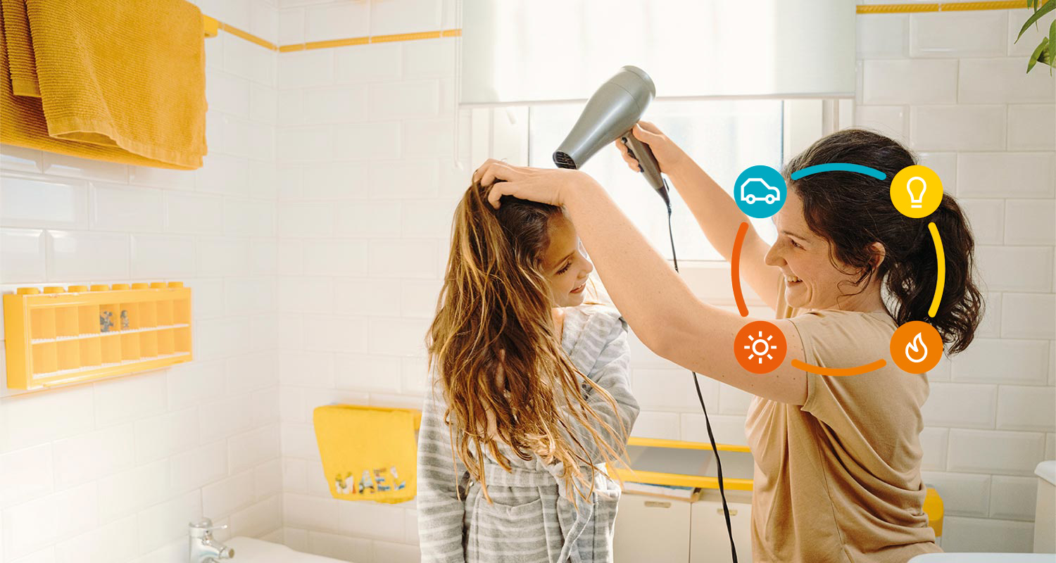A mother drying her daughter's hair and a representation of differente connected energies