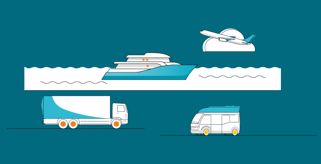Ilustración vehículos avión, barco, camión