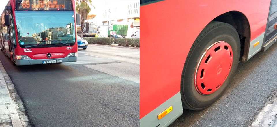 Autobus urbano y detalle de una rueda 