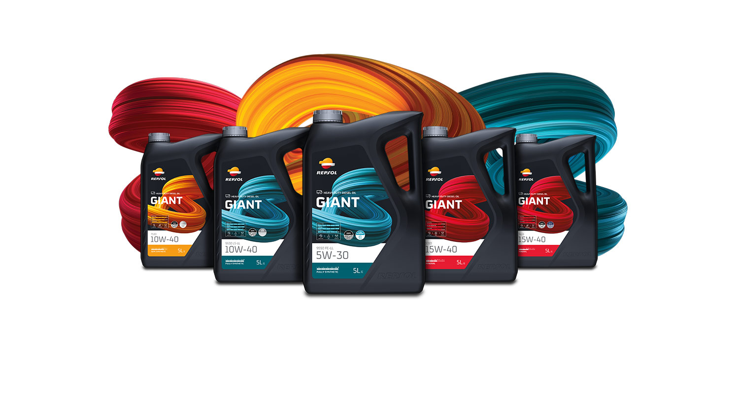 Lubricant oil containers for trucks and buses with colored "knots" for each series