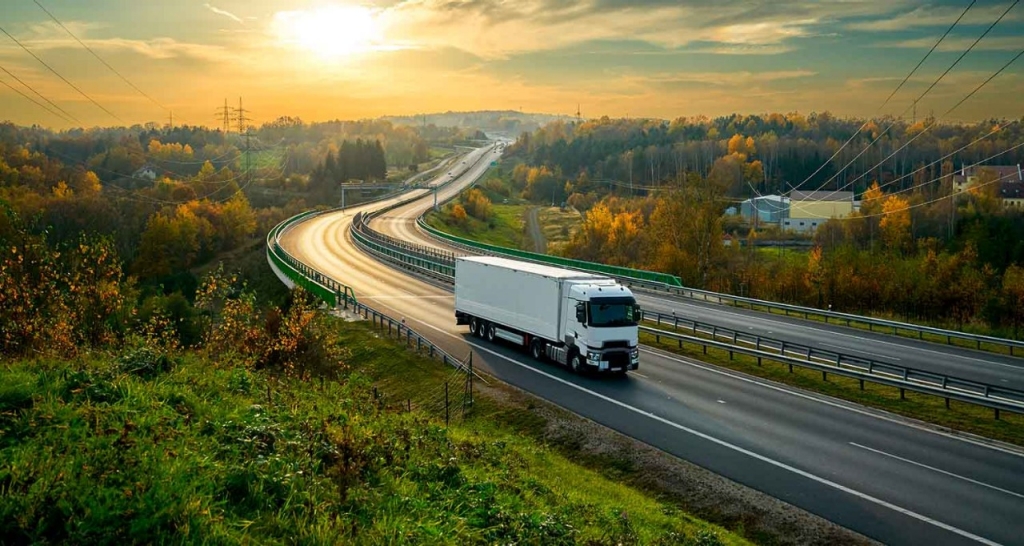 Trucks and buses. Truck on a long highway.