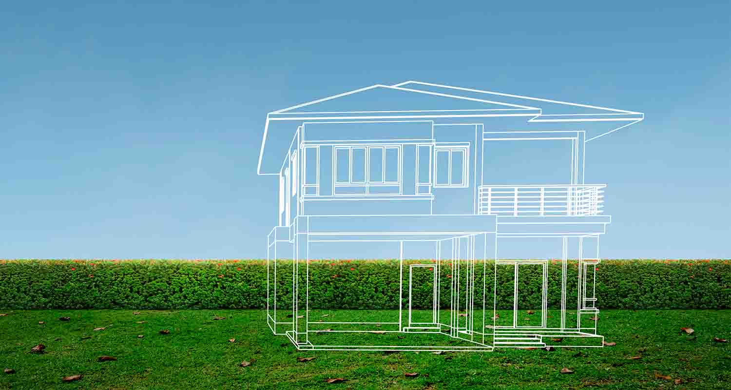 Transparent image of a house in a field with several dots joined by a line to make a smile