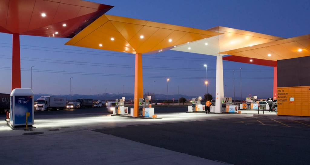 Repsol service station at night