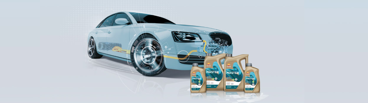 Illustration of a car next to Master Eco Hybrid lubricant bottles