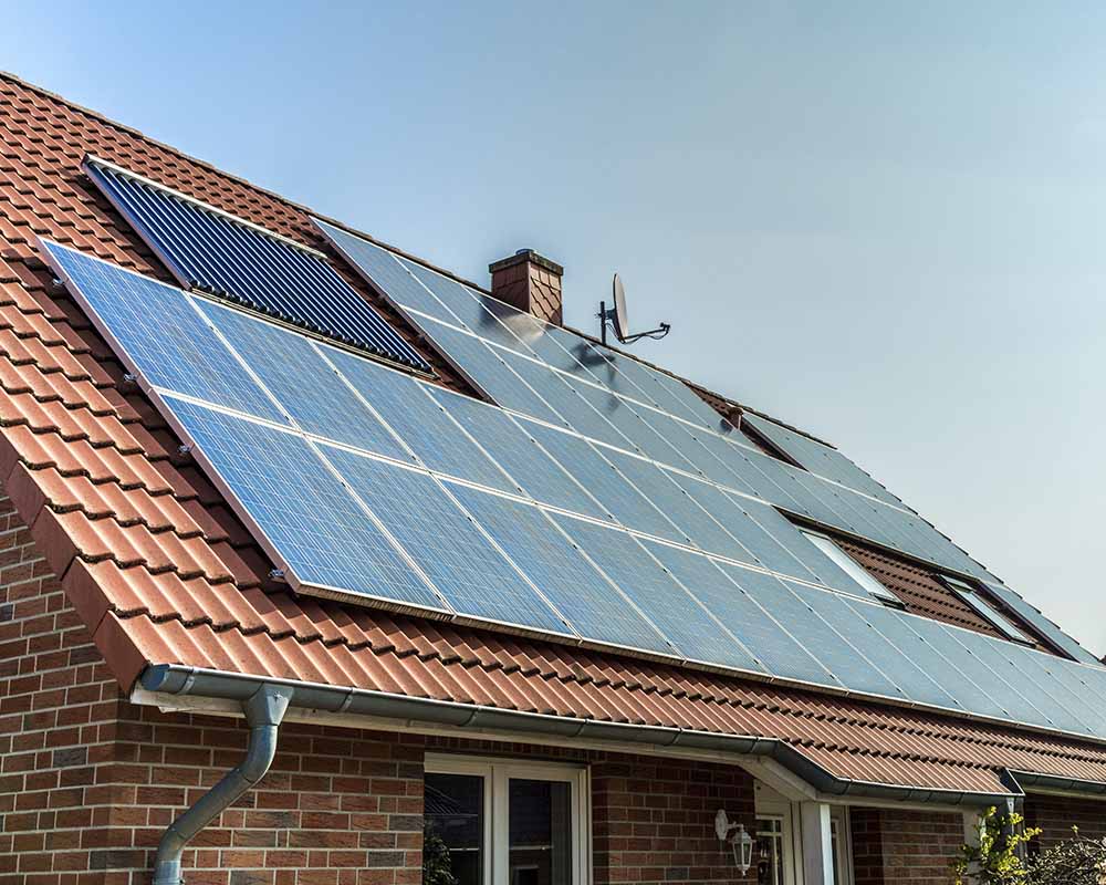 View of solar panels on the roof of a house