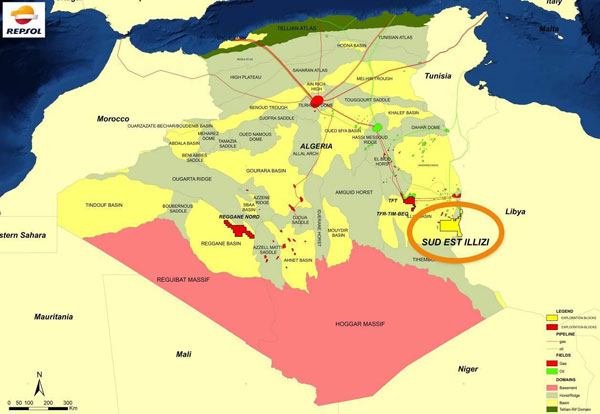 Mapa con la ubicación del nuevo descubrimiento de gas en Argelia.