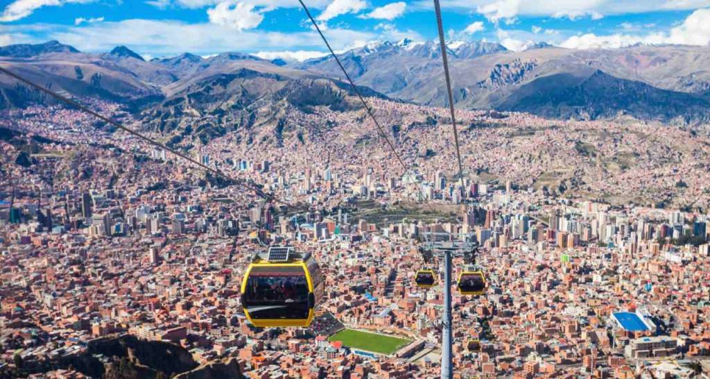 Cable cars over a city in Bolivia
