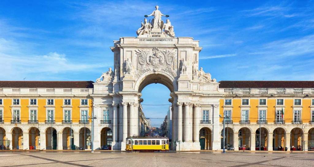 View of the Plaza de Comercia in Lisbon, Portugal.