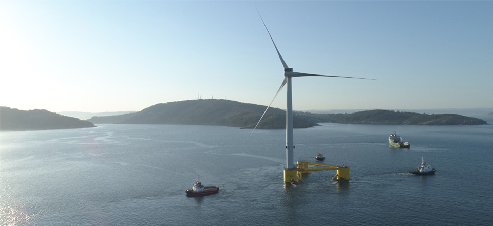 Plataforma proyecto WindFloat Atlantic parque eólico flotante semisumergible 