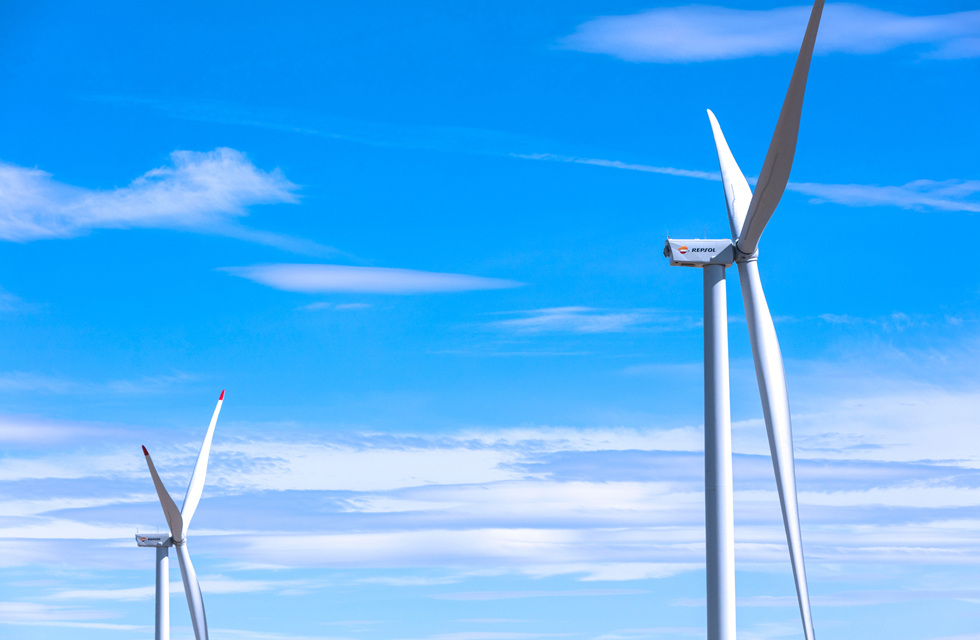 View of two wind turbines