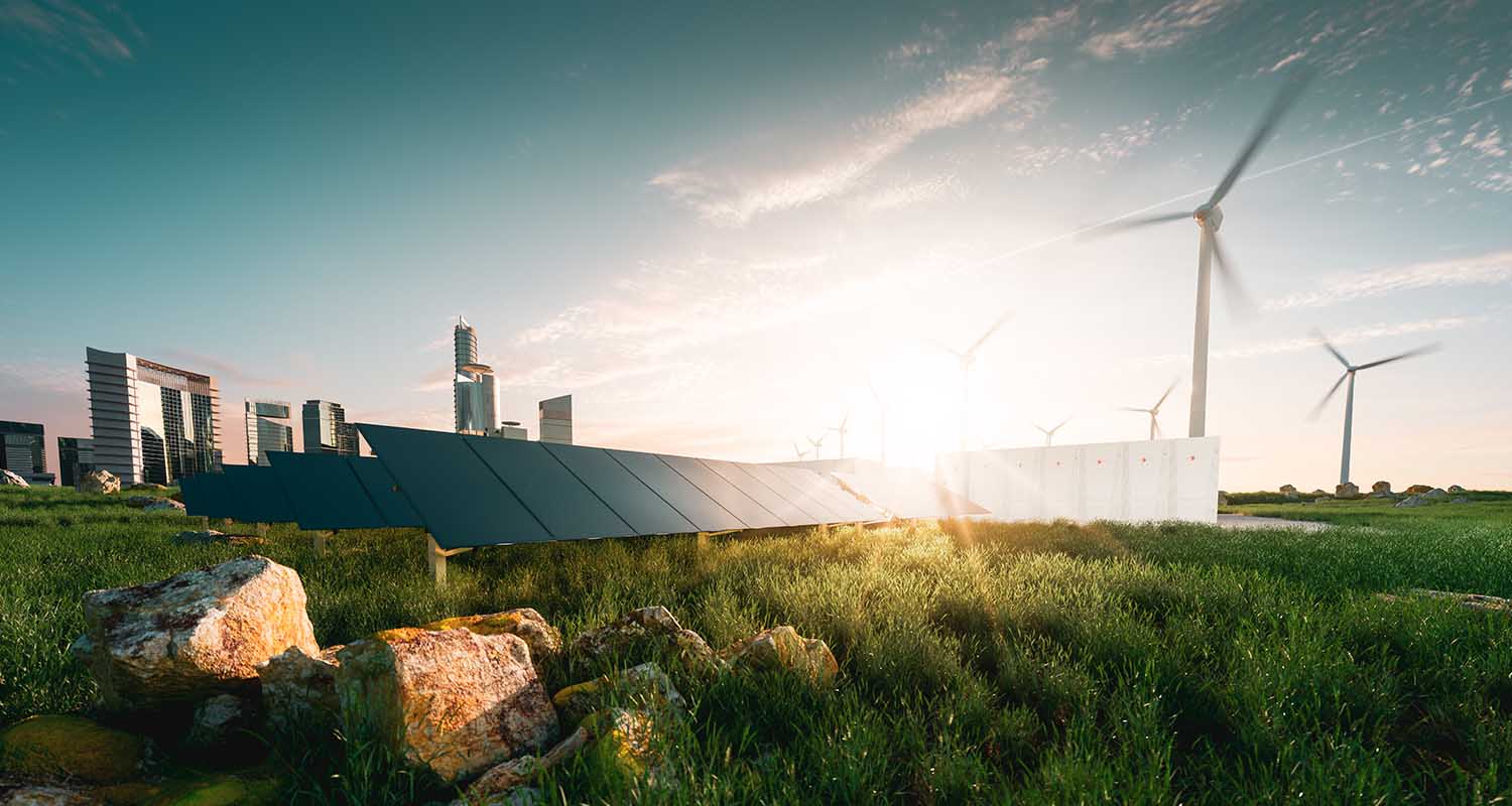 Image of solar panels and wind turbines in a field