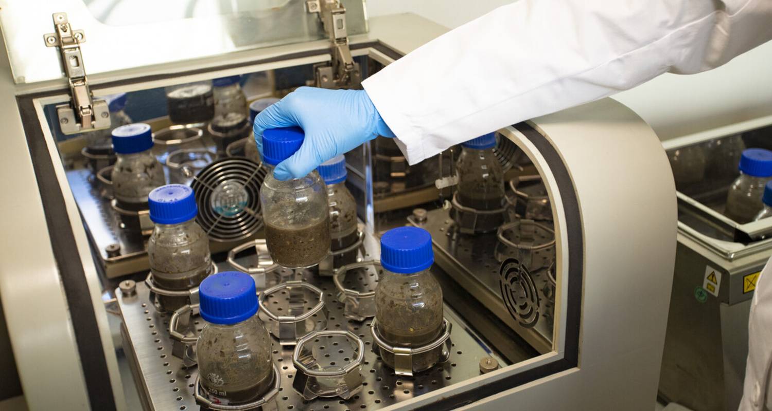 Gloved hand placing a bottle with a sample in a laboratory machine