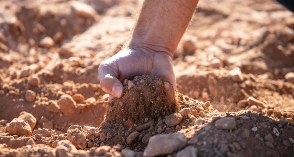 Close-up of a hand grabbing dirt from the ground