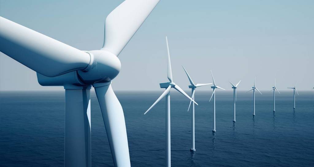 Image of turbine blades and another offshore turbine