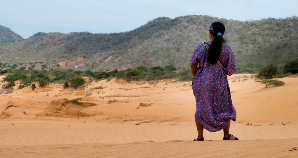 The back of an indigenous woman in the desert