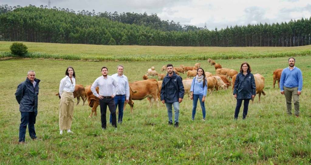 Several people from the project posing in a field with cows in the background