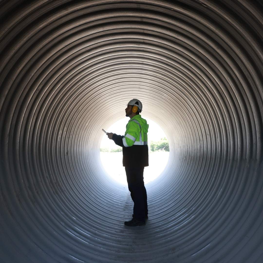 Un trabajador dentro de un tunel equipado con medidas de seguridad