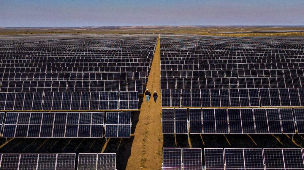 People walking through a solar panel farm